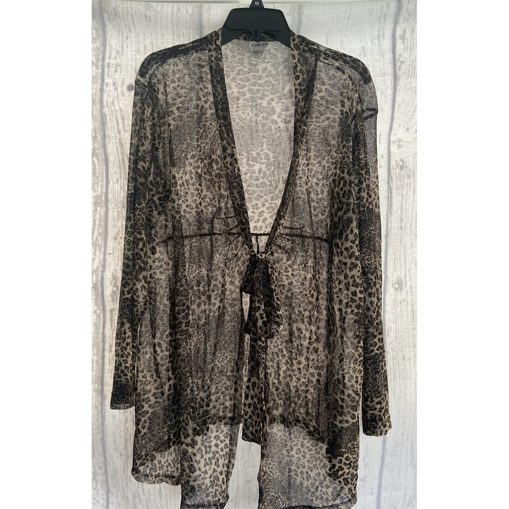 Chicos Womens Animal Print Wrap Shawl‎ Cardgn Tie Knit Crm/Gray/Blk/gold Sz 3